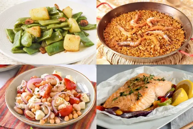Cuatro deliciosas recetas para tu fin de semana: judías con patatas, paella, ensalada de legumbres y salmón al horno.