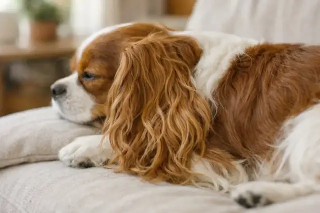 Spaniel Cavalier King Charles leżący na kanapie, z rudymi i białymi włosami.