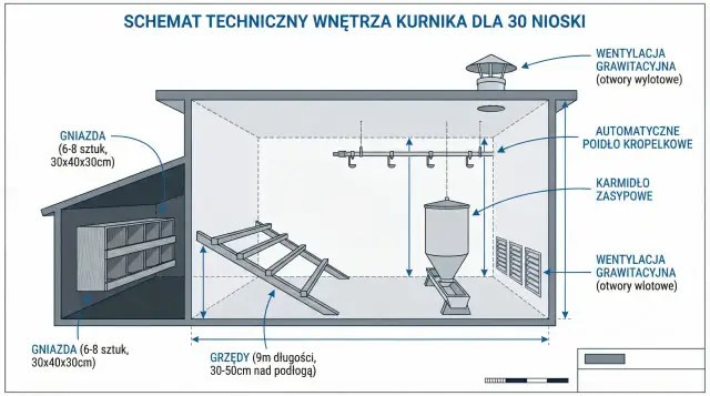 Schemat kurnika dla 30 kur niosek: gniazda, grzędy, karmidło, poidełko i wentylacja. Podstawy jak hodować kury nioski.