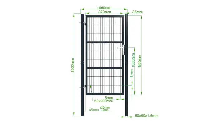 Schemat z wymiarami: rozstaw słupków pod furtkę 1060mm, wysokość 2300mm.