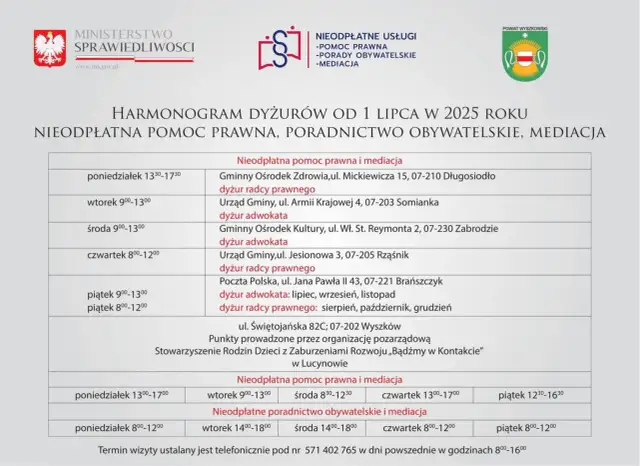 Harmonogram dyżurów od 1 lipca 2025 r. w Wyszkowie. Dowiedz się, jak wziąć adwokata z urzędu, gdzie uzyskać bezpłatną pomoc prawną i mediacje.
