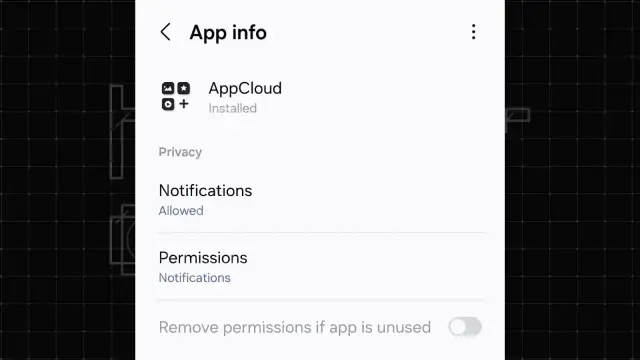 Informations sur l'application AppCloud sur Samsung. Notifications autorisées, permissions à gérer.