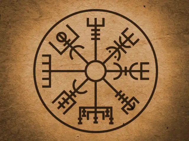 Runiczny kompas Vegvísir na brązowym tle.