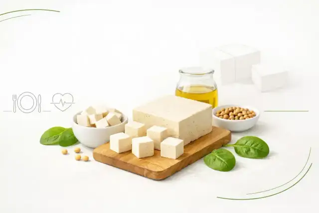 Czy tofu jest zdrowe? Na zdjęciu kostki tofu, soja, olej i szpinak, sugerujące zdrową dietę.