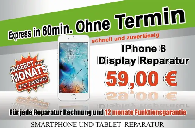 Ein weißes iPhone mit gesprungenem Display, daneben ein Angebot für iPhone 6 Display Reparatur für 59€.