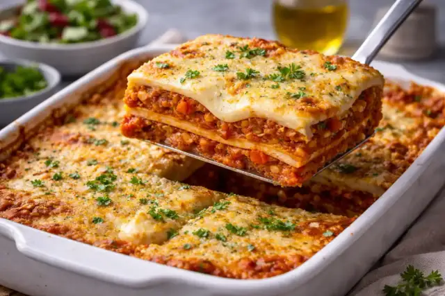 Eine Portion köstliche vegane Lasagne mit Gemüse wird aus einer Auflaufform gehoben. Sie ist mit geschmolzenem Käse und Petersilie bestreut.