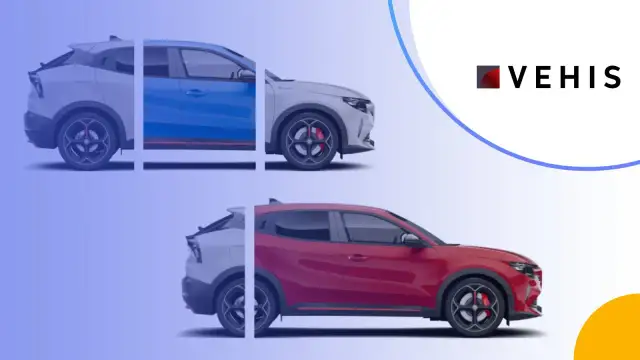 Dwa samochody w różnych kolorach, biały i niebieski u góry, biały i czerwony na dole. Logo VEHIS.