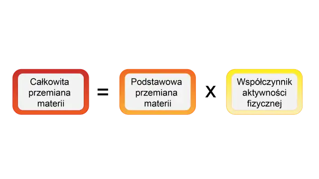 Diagram przedstawia: Całkowita przemiana materii, Podstawowa przemiana materii, Współczynnik aktywności fizycznej. To wyjaśnia, cpm co to.