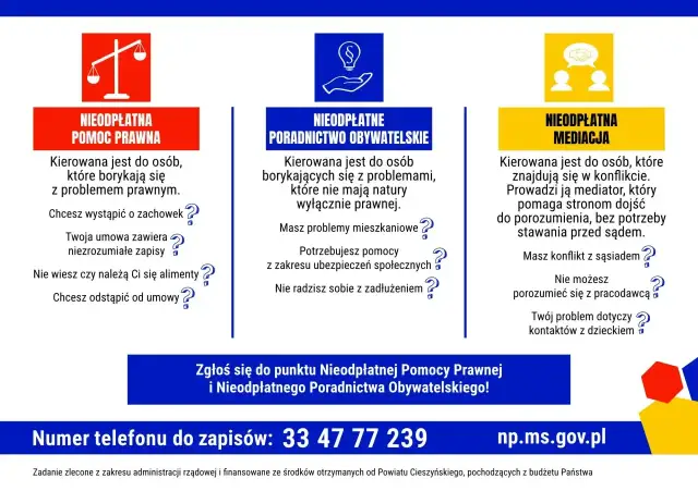 Nieodpłatna pomoc prawna, poradnictwo obywatelskie i mediacje. Dowiedz się, ile kosztuje porada prawna i gdzie szukać wsparcia. Zadzwoń: 33 47 77 239.