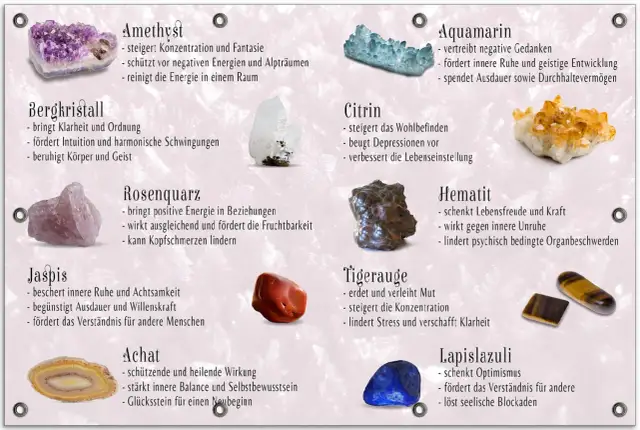 Vielfalt an Edelstein Arten: Amethyst, Bergkristall, Rosenquarz, Jaspis, Achat, Citrin, Aquamarin, Hematit, Tigerauge, Lapislazuli.