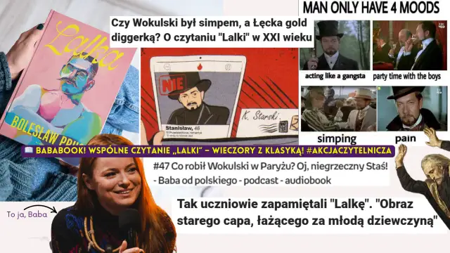 Okładka książki "Lalka", mem z Wokulskim, fragmenty filmu i kobieta mówiąca do mikrofonu.