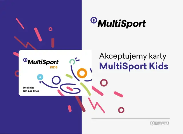 Karta MultiSport Kids na tle kolorowych kształtów i logo.