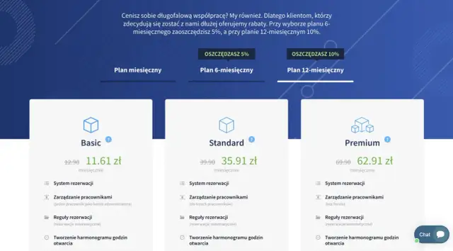 Porównanie planów: Basic, Standard, Premium. Każdy oferuje system rezerwacji, zarządzanie pracownikami i reguły rezerwacji. Dostępne plany 6 i 12-miesięczne z rabatami.