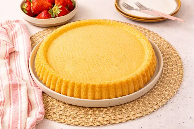 Ein goldbrauner, runder Kuchenboden, perfekt für ein Erdbeerboden Rezept. Daneben eine Schüssel mit frischen Erdbeeren.