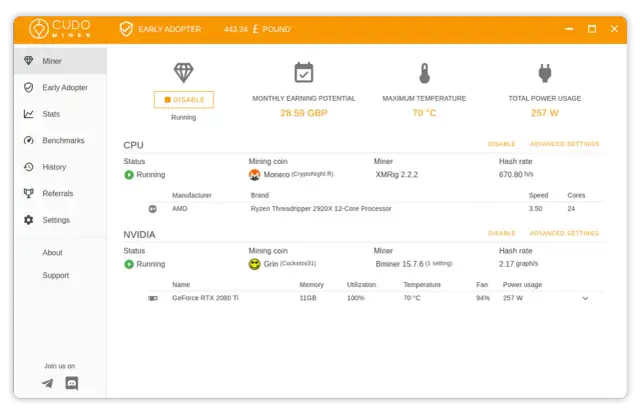 Program do kopania kryptowalut Cudo Miner pokazuje status kopania CPU i NVIDIA. Widoczny jest potencjał zarobkowy, temperatura i zużycie energii.