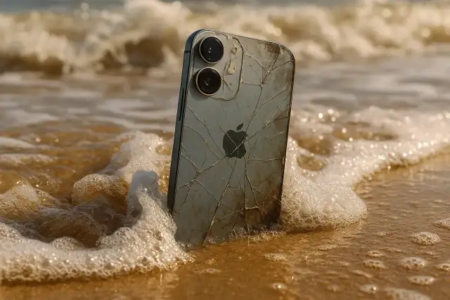 Un iPhone 12, malgré sa résistance à l'eau, est échoué sur une plage, les vagues léchant son dos fissuré.
