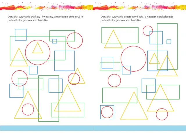 Zadania z geometrii klasa 3 do druku: koloruj figury zgodnie z kolorem ich obwódki.