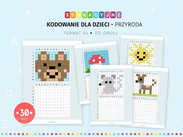 Karty pracy do kodowania dla dzieci: miś, grzyb, słońce, myszka, piesek. Idealne do nauki przez zabawę.