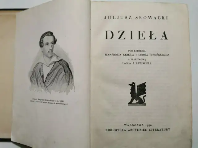 Otwarta księga z portretem Juliusza Słowackiego i tytułem "Dzieła". To wydanie zawiera jego najważniejsze utwory.