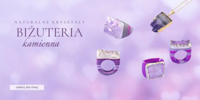 Biżuteria z naturalnych kryształów: pierścionki i naszyjnik z ametystem.