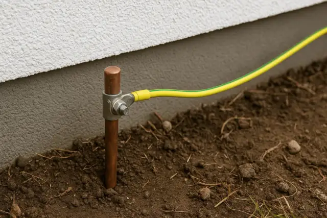Miedziany pręt wbity w ziemię, podłączony żółto-zielonym przewodem. Pokazuje, jak zrobić uziemienie w starej instalacji, zapewniając bezpieczeństwo.