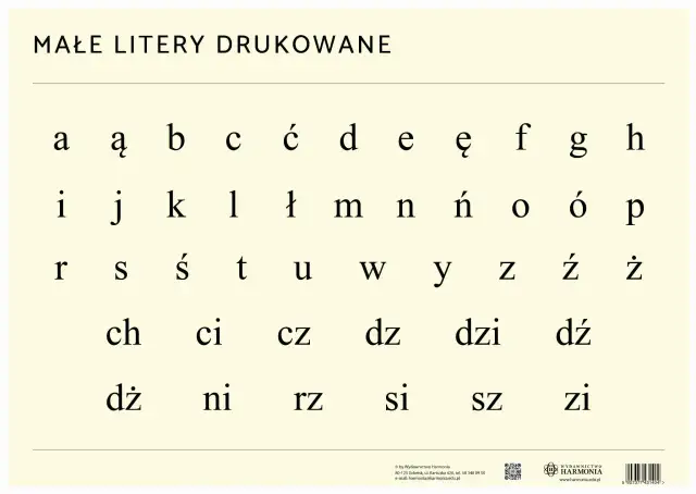 Małe litery drukowane polskie: a, ą, b, c, ć, d, e, ę, f, g, h, i, j, k, l, ł, m, n, ń, o, ó, p, r, s, ś, t, u, w, y, z, ź, ż, ch, ci, cz, dz, dzi, dź, dż, ni, rz, si, sz, zi.