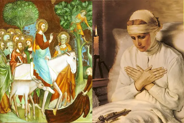 Jezus na osiołku w tłumie ludzi i kobieta w białej opasce na głowie, która została wskrzeszona przez Jezusa.
