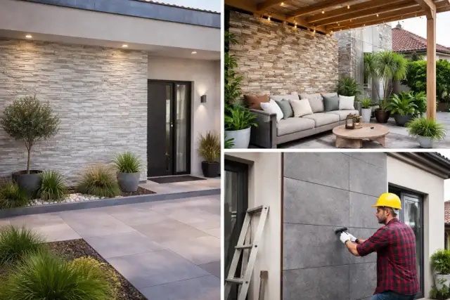 Modern exterior design featuring a stone porch, a cozy patio with a sofa, and a worker installing stone cladding.