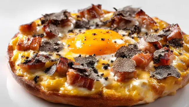 Deliciosa pizza con huevo, trozos de tocino crujiente y láminas de trufa negra. ¡Una combinación irresistible!