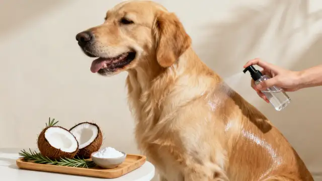 Golden retriever recibe spray para pelo. Ingredientes naturales como coco y romero sugieren cómo quitar rastas a un perro.