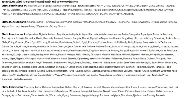 Strefa Roamingowa 1B: Czarnogóra, Albania, Bośnia i Hercegowina, Kosowo, Macedonia Północna, Mołdawia, San Marino, Serbia, Szwajcaria, Ukraina, Wielka Brytania, Wyspa Guernsey, Wyspa Jersey, Wyspa Man, Wyspy Owcze.