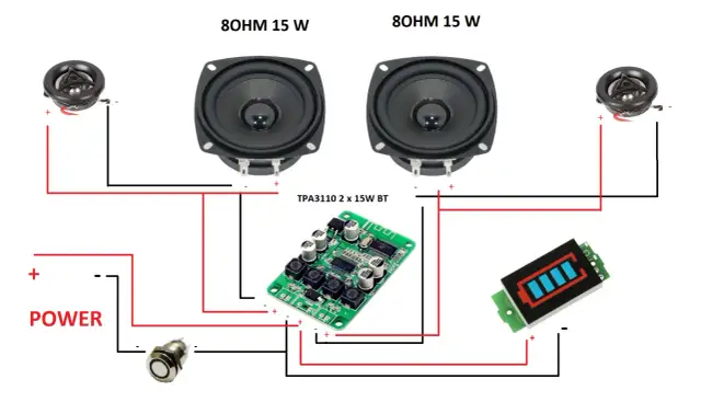 Schemat połączeń do zrobienia głośniki bluetooth: moduł TPA3110, głośniki 8Ohm 15W, przycisk i wskaźnik baterii.