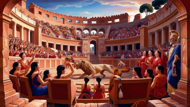 Arena pełna widzów, lew na piasku. Scena z filmu "Quo Vadis" - streszczenie szczegółowe.