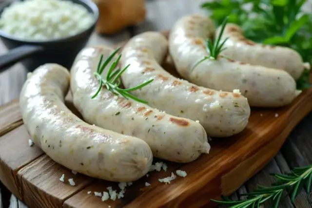 Gotowa biała kiełbasa surowa, grillowana na desce z rozmarynem. Idealna do gotowania, by cieszyć się jej smakiem.
