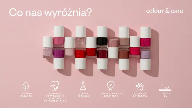 Rząd kolorowych lakierów do paznokci. Co to jest lakier uni? To wegański produkt z czystą formułą, pozyskiwany odpowiedzialnie.