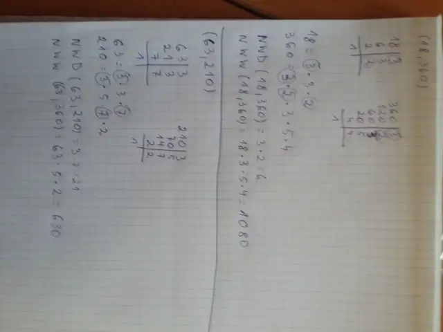 Rysunek przedstawia obliczenia matematyczne na kartce w kratkę, w tym rozkład na czynniki pierwsze liczb 18, 360, 63 i 210.