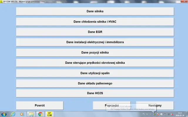 Ekran programu OP-COM do diagnostyki Opla, wyświetla listę grup pomiarowych: dane silnika, chłodzenia, EGR, instalacji elektrycznej, pozycji silnika, prędkości obrotowej, utylizacji spalin, układu paliwowego i HO2S.
