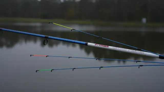 Wędki Robinson Stinger Method Feeder z kolorowymi szczytówkami na tle spokojnej wody i drzew.
