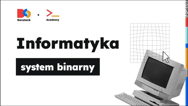 Grafika z napisem "Informatyka system binarny", komputerem i kursorem myszy.
