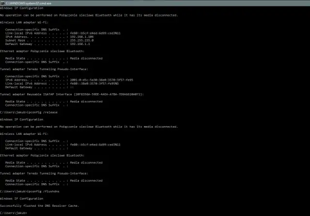 Wyniki polecenia ipconfig pokazują konfigurację sieciową, w tym adresy IP dla Wi-Fi i tuneli.