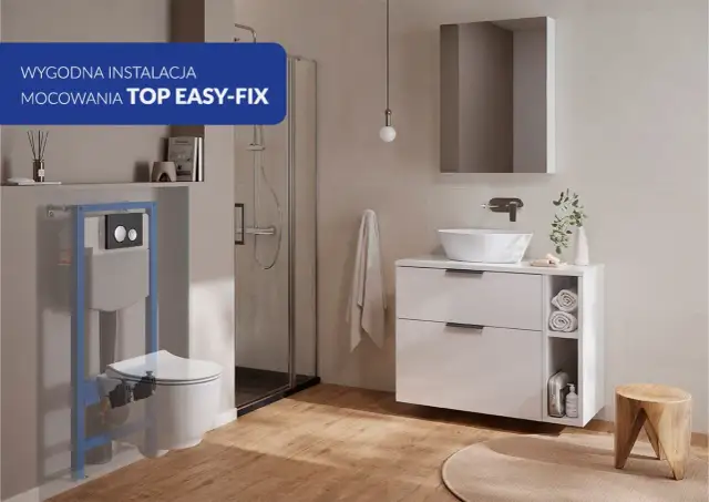 Montaż miski WC z ukrytym mocowaniem TOP EASY-FIX. Nowoczesna łazienka z prysznicem i umywalką.