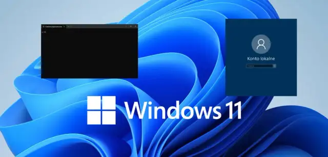 Ekran logowania Windows 11 z kontem lokalnym i otwartym wierszem poleceń, wskazujący na instalację Windows 11 bez internetu.