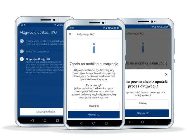 Trzy telefony pokazują kroki aktywacji aplikacji IKO. Dowiedz się, jak aktywować IKO na innym telefonie, postępując zgodnie z instrukcjami na ekranie.