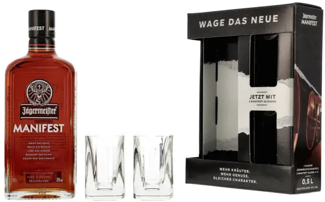 Zestaw Jägermeister Manifest z dwoma kieliszkami. Poczuj nowy wymiar smaku z Jägermeister Manifest.