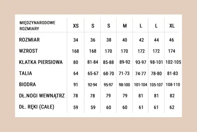Tabela rozmiarów odzieży damskiej: jak dobrać rozmiar swetra. Wymiary: rozmiar, wzrost, klatka piersiowa, talia, biodra, długość nogi, długość ręki.