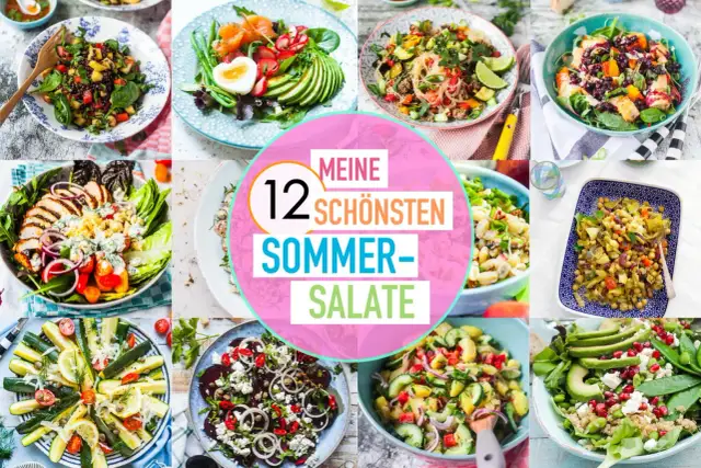 Collage mit 12 bunten sommer salat ideen, darunter Linsensalat, Lachs-Avocado-Salat und Hähnchensalat.