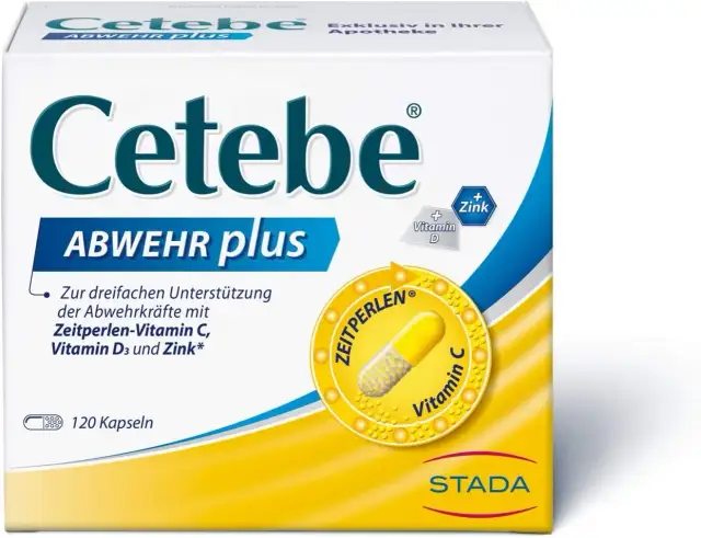 Verpackung von Cetebe Abwehr plus mit Kapseln, Vitamin C, D und Zink.