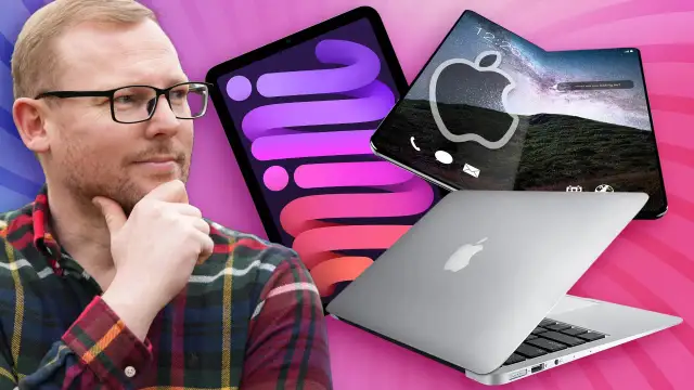 Mann mit Brille denkt über iPad, faltbares iPhone und MacBook nach.