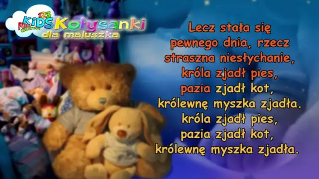 Pluszowe misie i króliczki słuchają bajki "Był sobie król tekst". Niestychanie, króla zjadł pies, pazia zjadł kot, królewnę myszka zjadła.