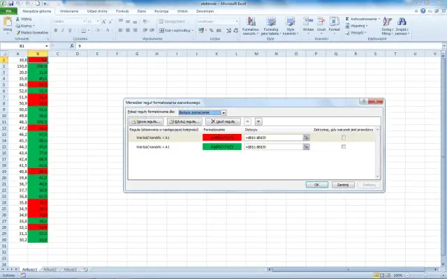 Excel - zmiana koloru komórki jeżeli - formuły i kontrola danych